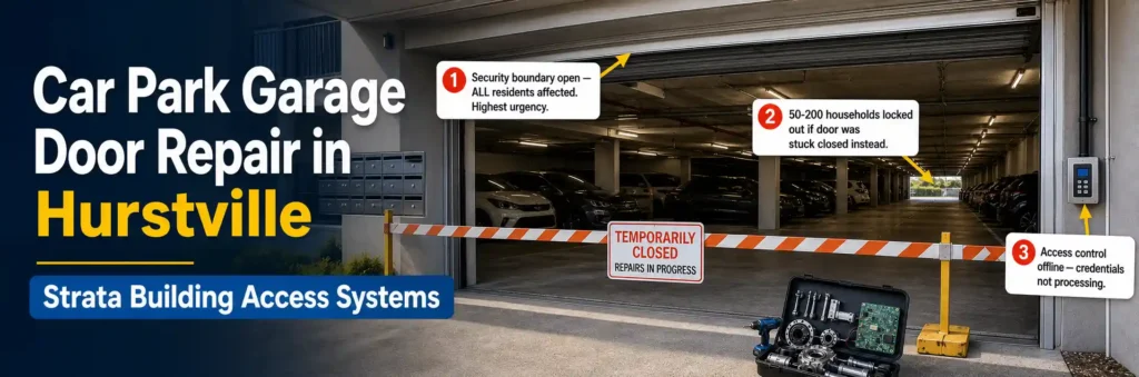 Car park garage door repair in Hurstville for strata buildings, including access control systems and garage door repairs