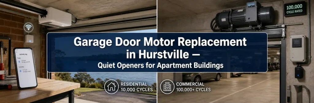 Garage door motor replacement in Hurstville featuring quiet residential and high-cycle commercial garage door openers for apartment buildings.