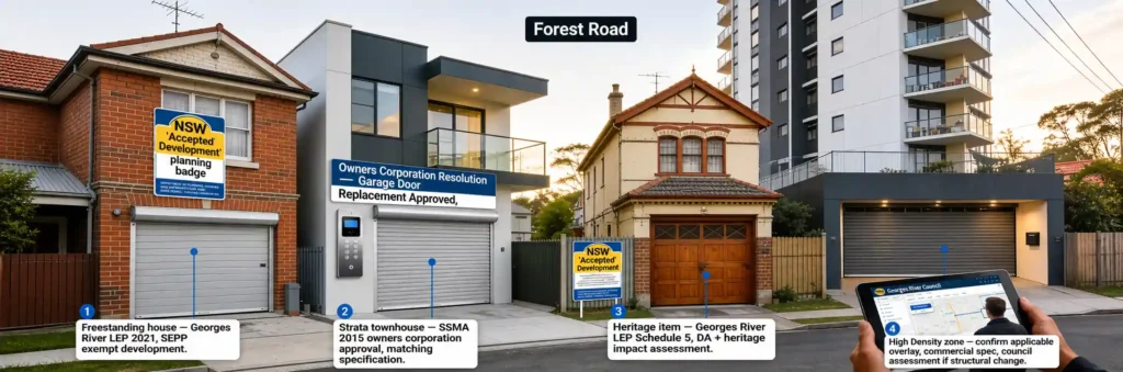 Garage door installation in Hurstville showing residential houses, townhouses, heritage properties and high-density developments subject to Georges River Council planning requirements.