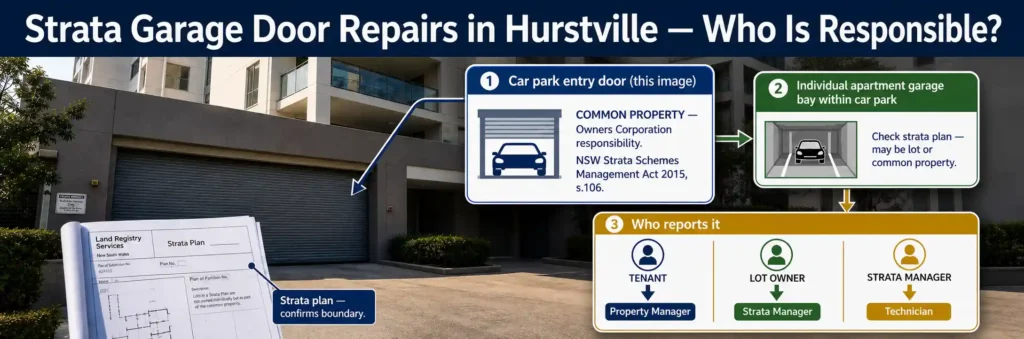 Strata garage door repairs in Hurstville showing owners corporation responsibility for common property, individual garage bays, and the repair reporting process.